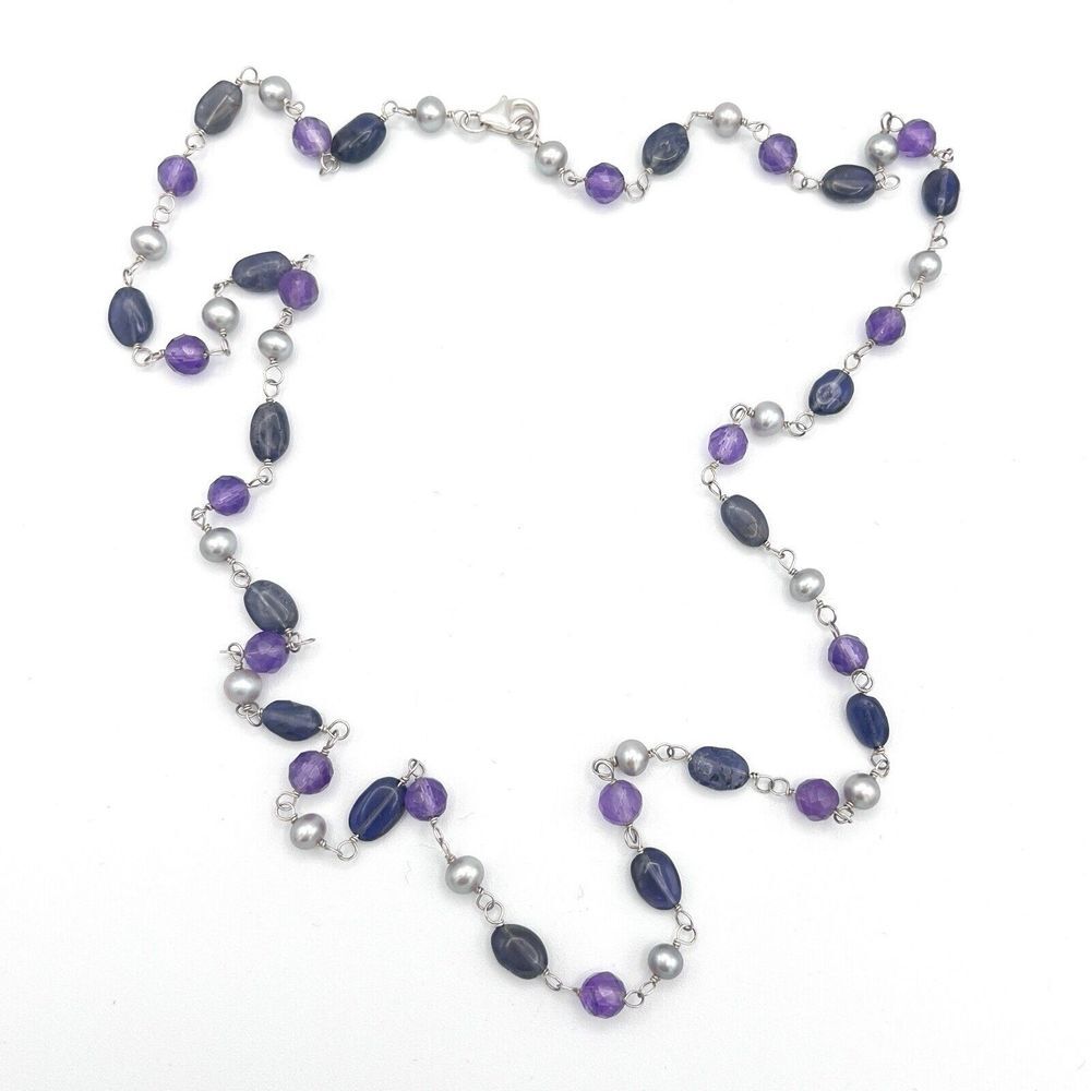 Amethyst Iolite Pearl Necklace Sterling Silver 28" Chain JC 925 Purple‎
